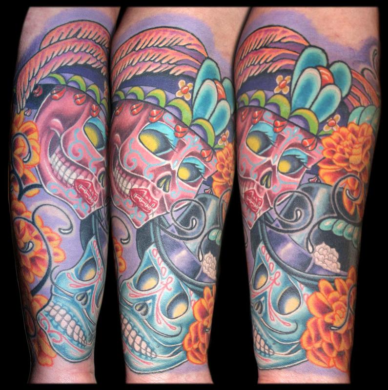 Day of the Dead Skulls, Marigolds, Bee and a Tribal Re-work