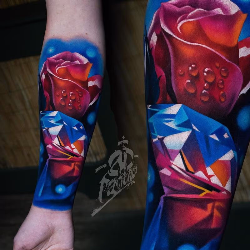 Color Rose and Diamond Tattoo