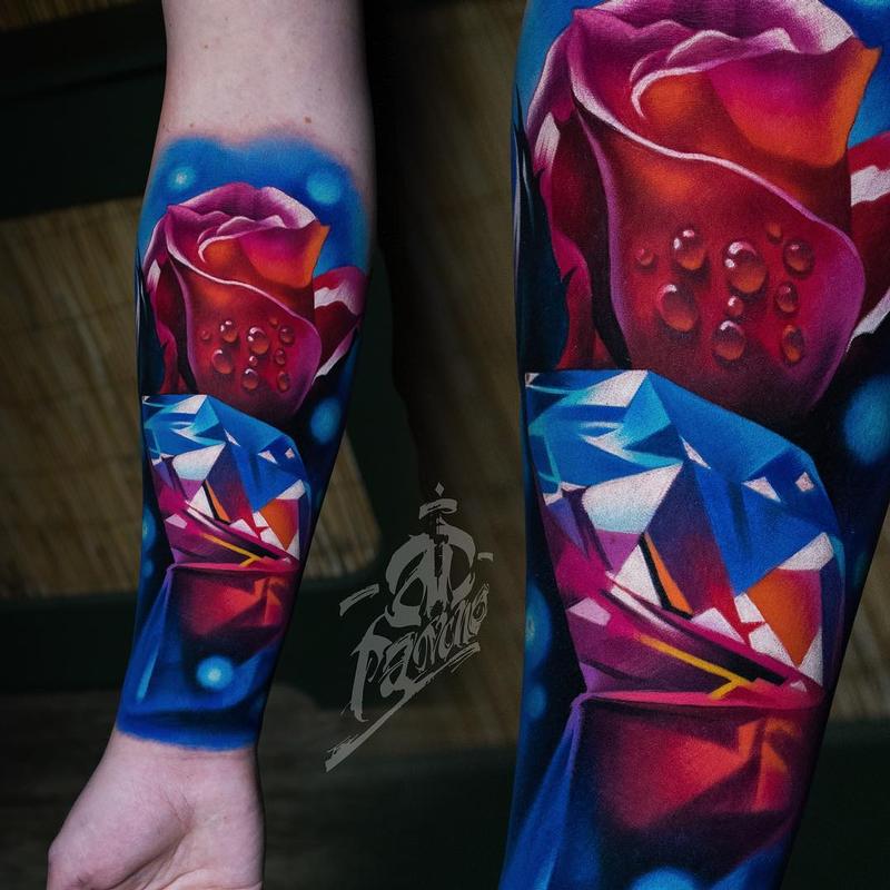 Color Rose and Diamond Tattoo