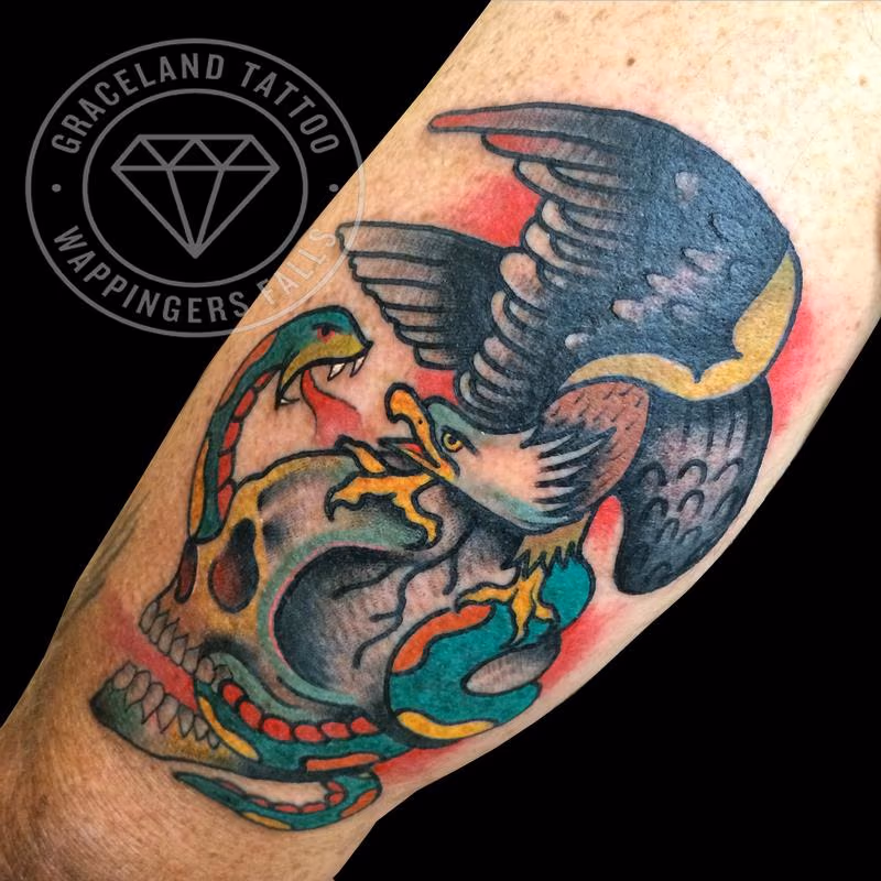 Traditional Skull, Eagle and Snake Tattoo