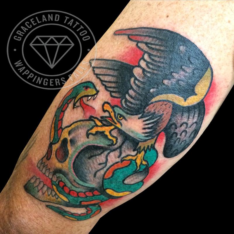 Traditional Skull, Eagle and Snake Tattoo
