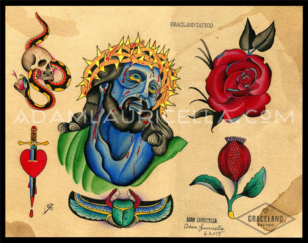 Blue Jesus Tattoo Flash