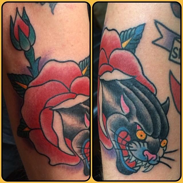 Traditional Rose and Panther Tattoo