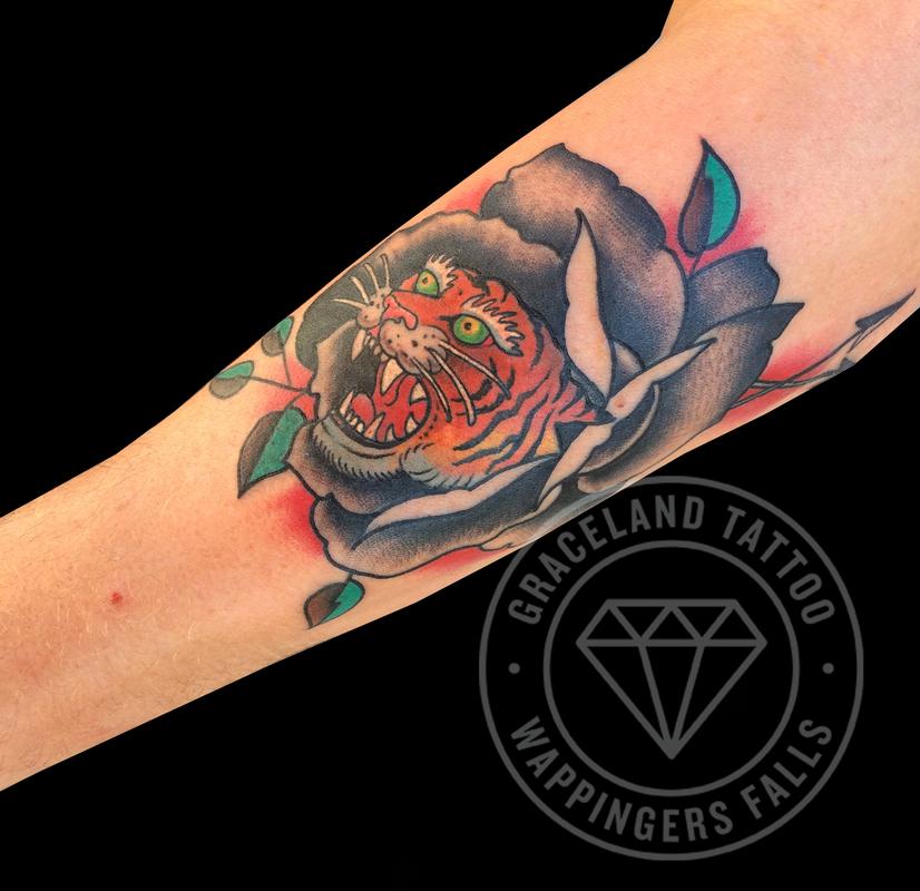 Tiger, Rose Traditional Tattoo