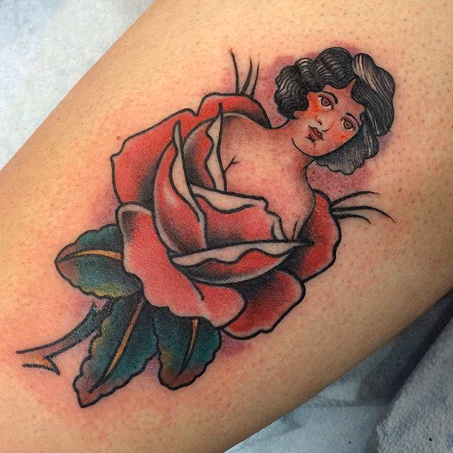 Traditional Girl and Rose Tattoo
