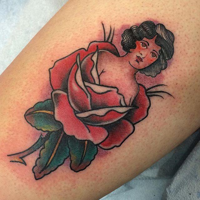 Traditional Girl and Rose Tattoo