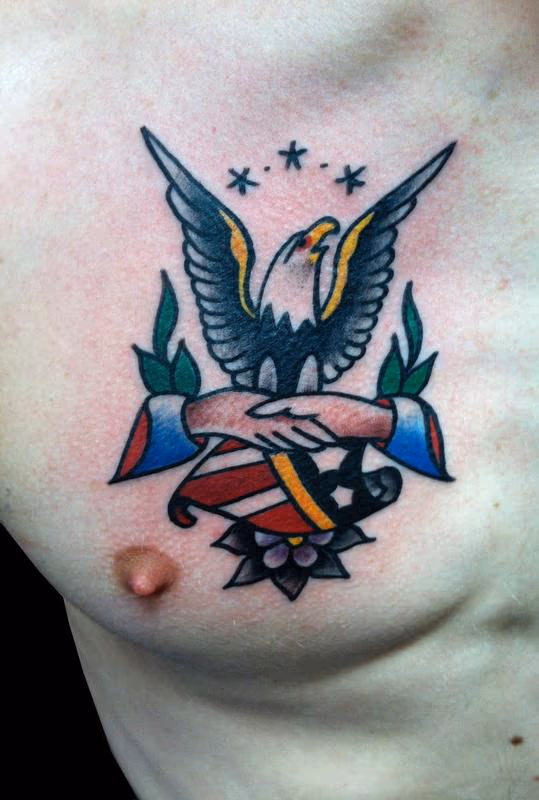 Traditional Eagle, Shield and Handshake Tattoo