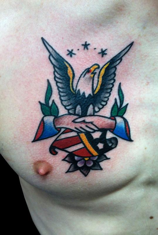 Traditional Eagle, Shield and Handshake Tattoo