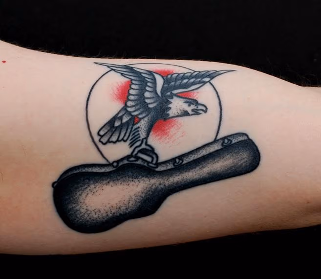 Traditional Bird and Guitar Tattoo