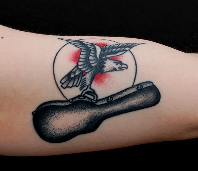 Traditional Bird and Guitar Tattoo