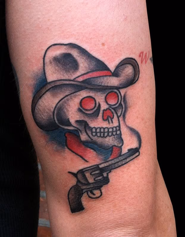 Traditional Cowboy and Pistol Tattoo