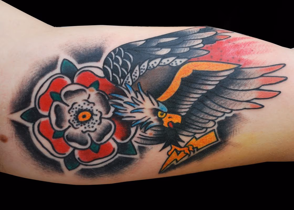Traditional Eagle and Flower Tattoo