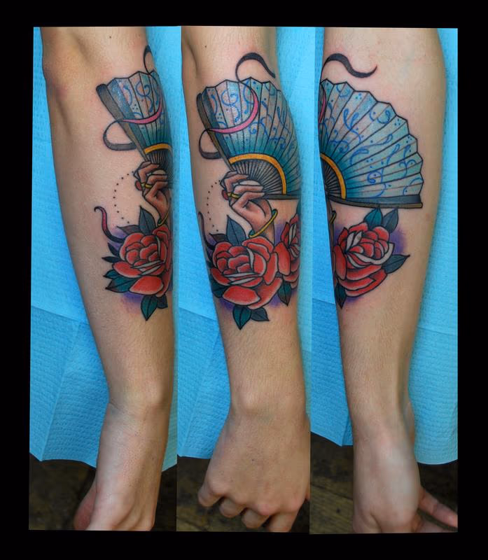 Hand, Fan and Roses Tattoo