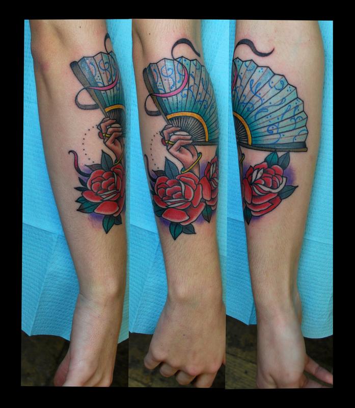 Hand, Fan and Roses Tattoo