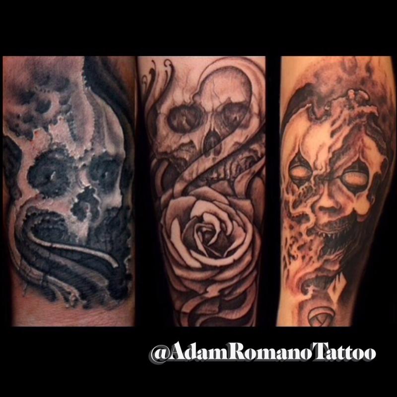 Collection of freehand black and grey Macabre tattoos