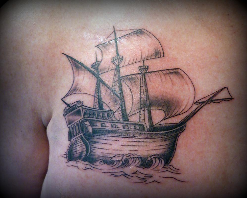 Black and Grey Ship Tattoo