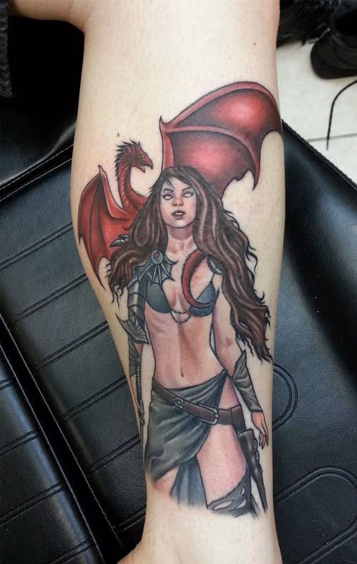 Medieval Warrior Woman and Dragon