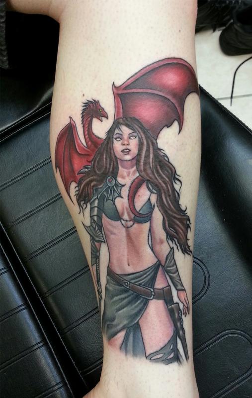 Medieval Warrior Woman and Dragon