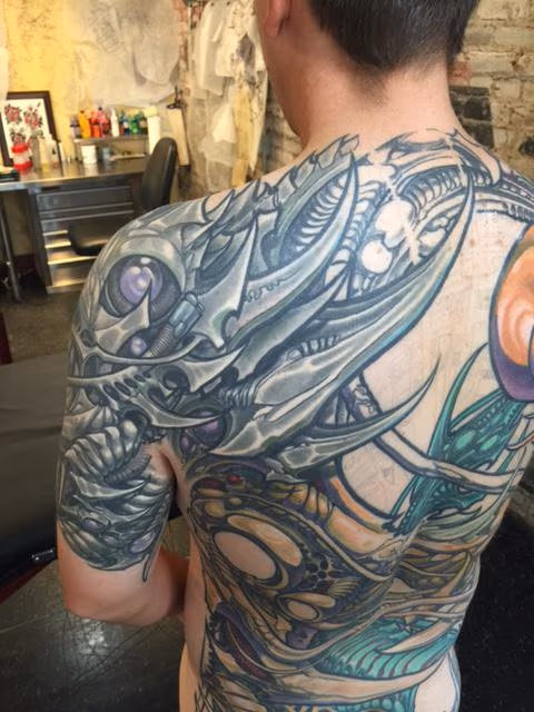 Biomech Back and Shoulder Tattoo
