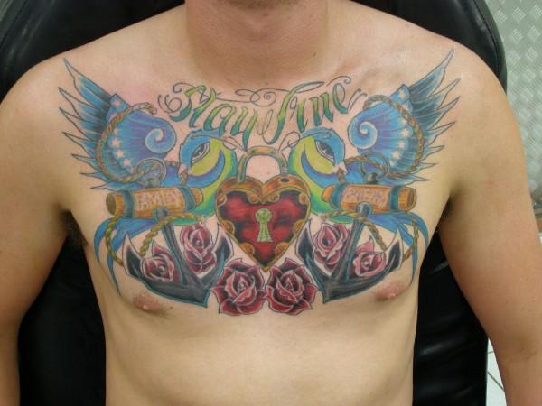 Traditional sparrow chest tattoo