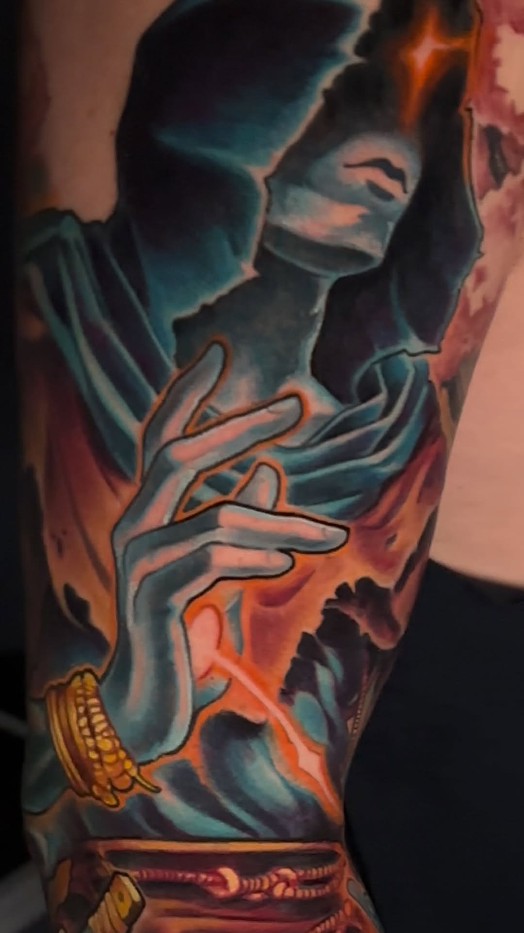 Color wizard tattoo sleeve, forearm