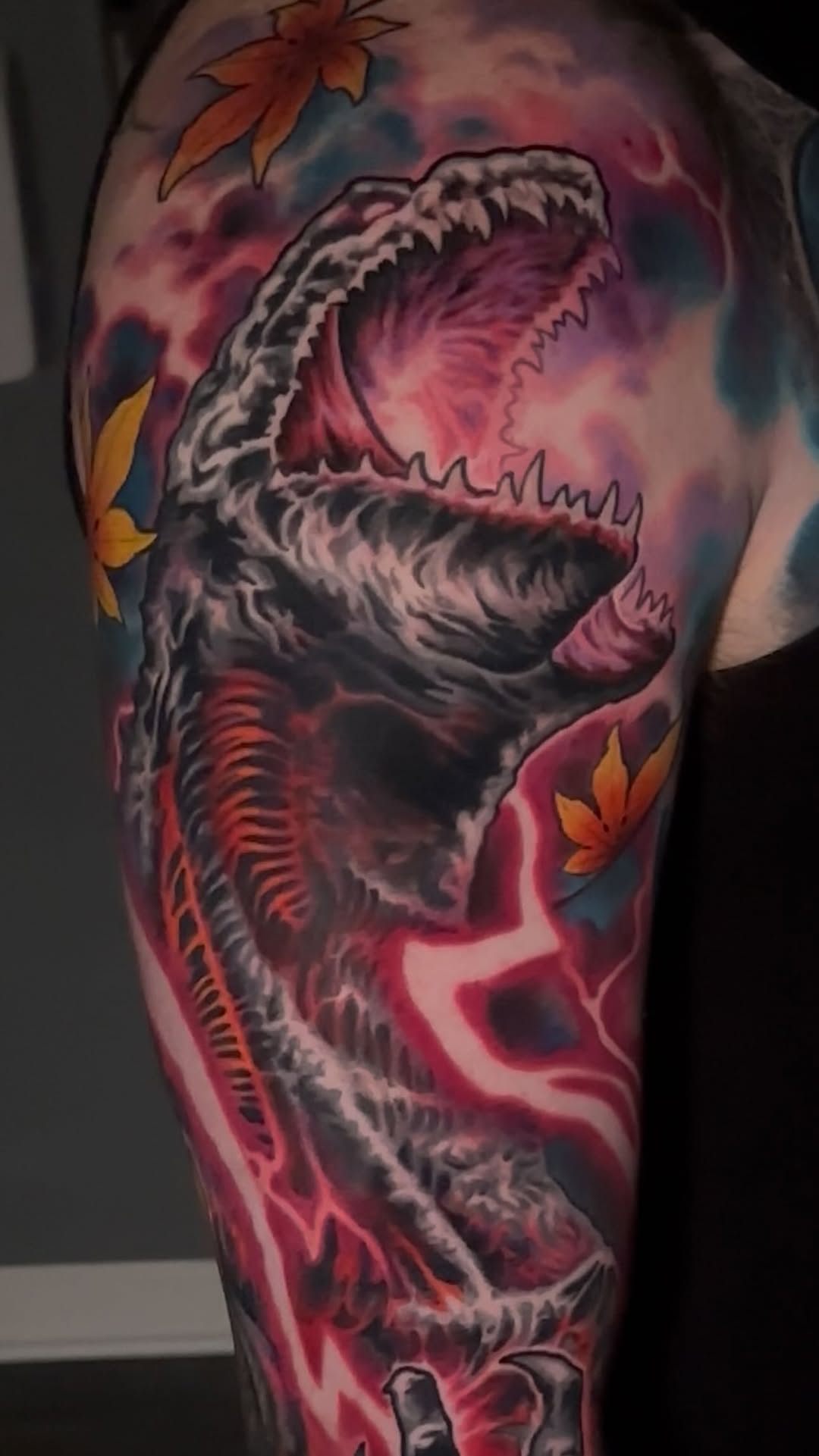 Shin Godzilla color sleeve tattoo, thigh