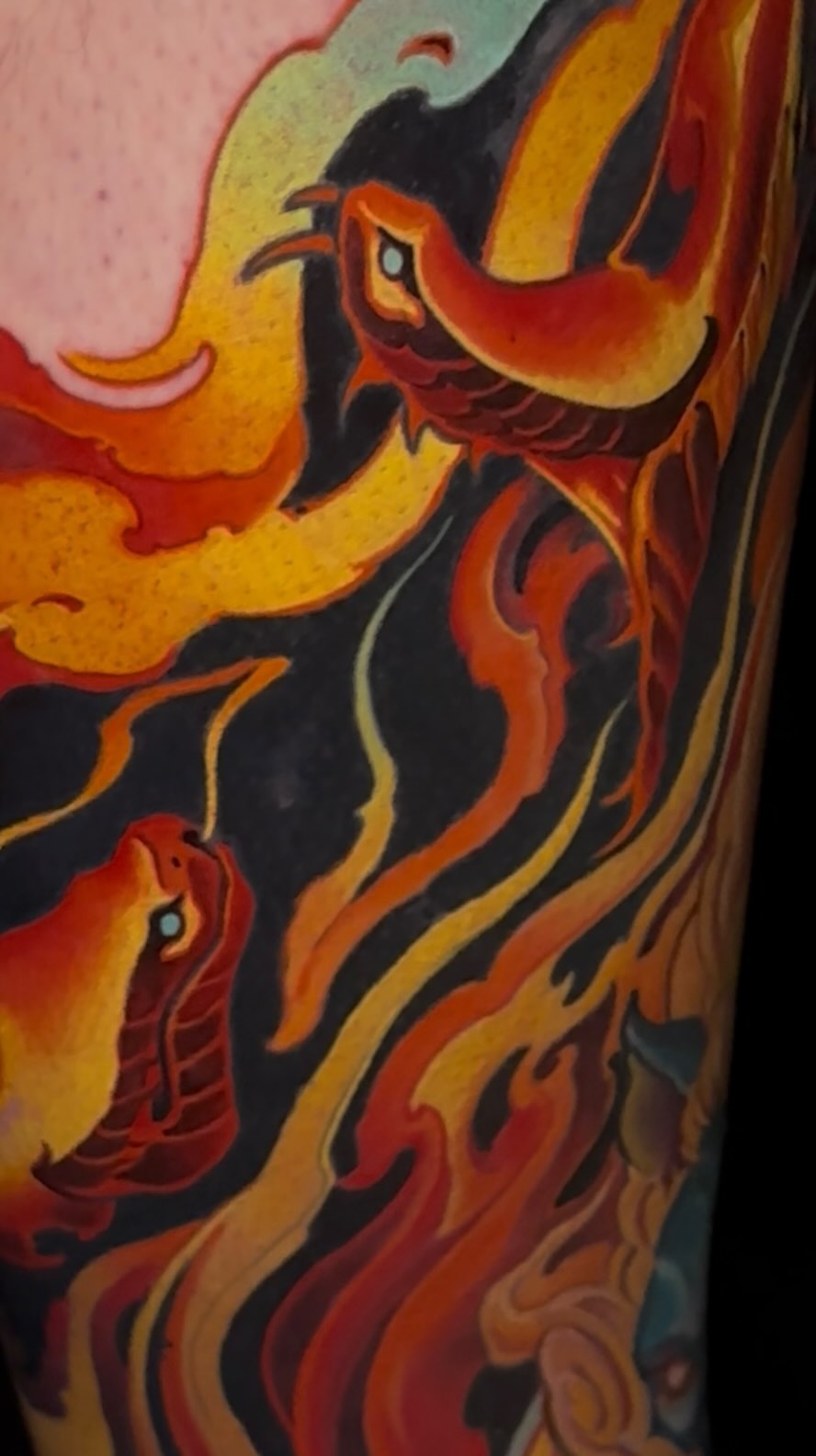 Phoenix rising color tattoo, arm sleeve