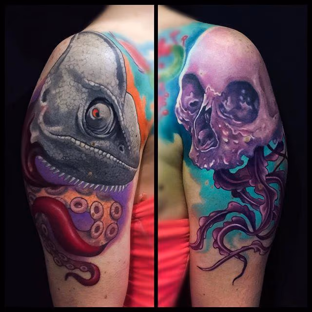 Skull and Chameleon tattoo