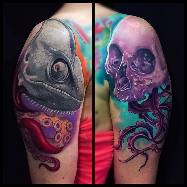 Skull and Chameleon tattoo