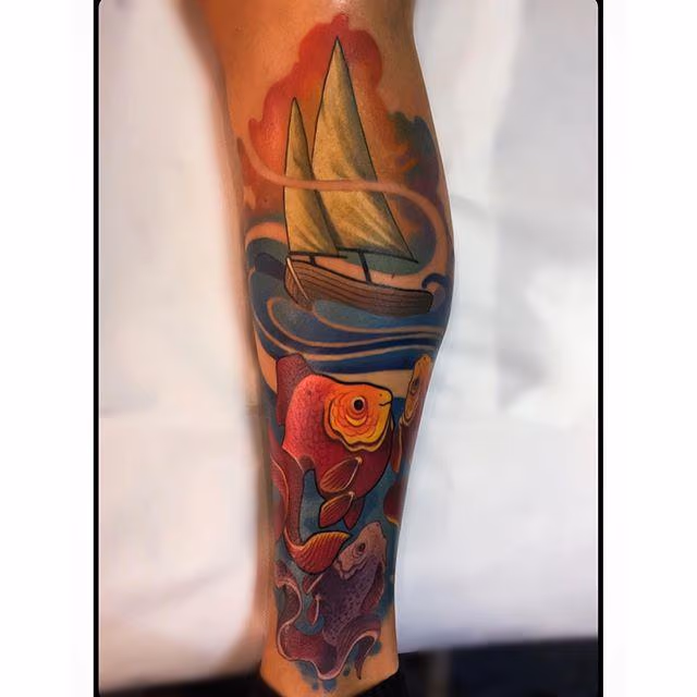 Boat and Fish Tattoo