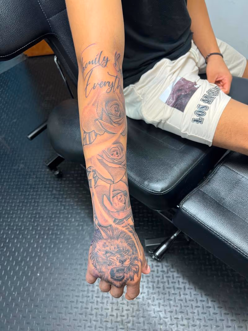 Lion and roses