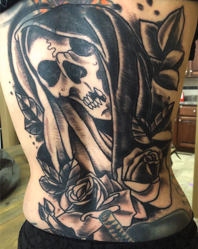 skull and flowers