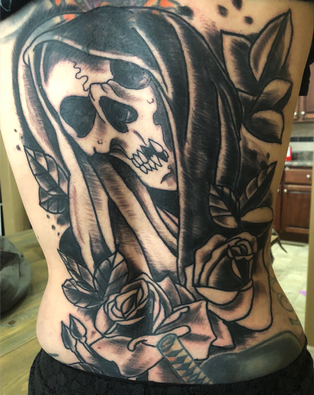 skull and flowers