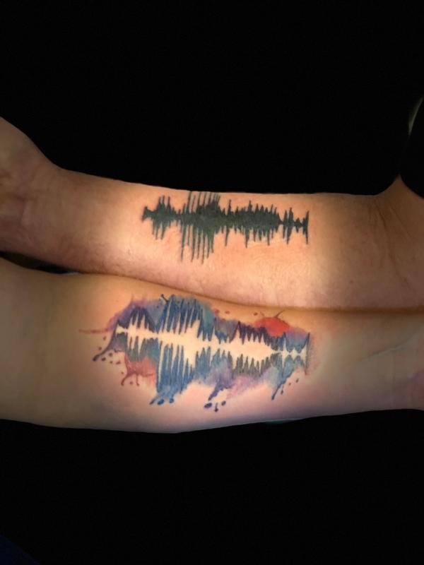 Soundwave watercolor couples tattoos
