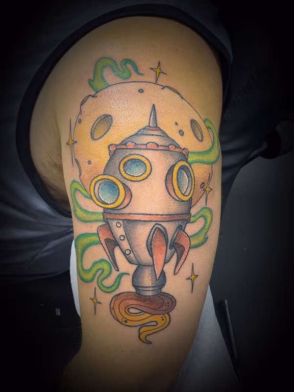 Rocket ship space moon tattoo