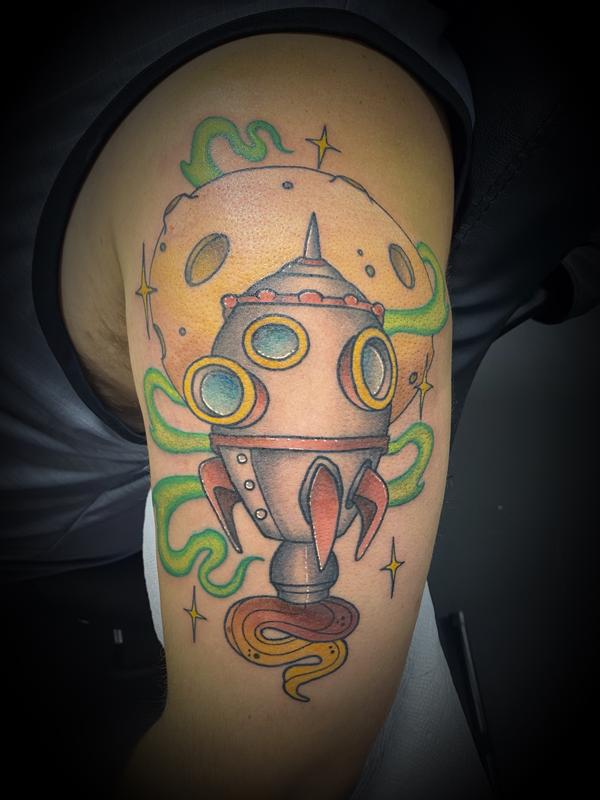 Rocket ship space moon tattoo