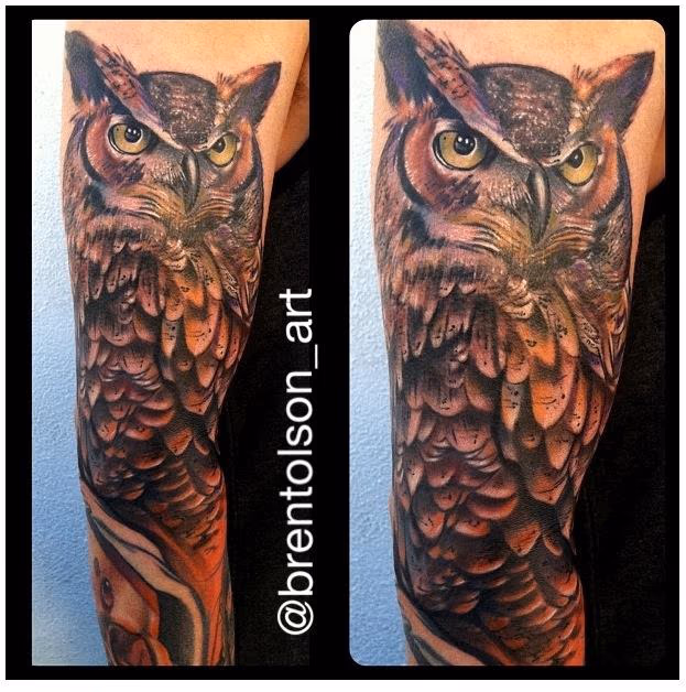 realistic color owl tattoo, Brent Olson Art Junkies tattoo