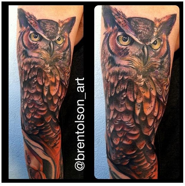 realistic color owl tattoo, Brent Olson Art Junkies tattoo