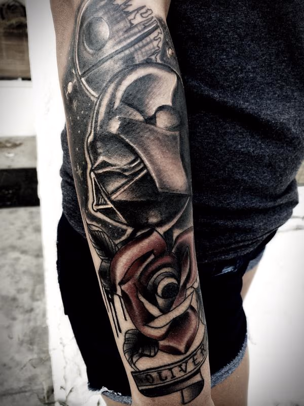 Traditional Darth Vader and death star with rose tattoo, Frichard Adams Art Junkies Tattoo.