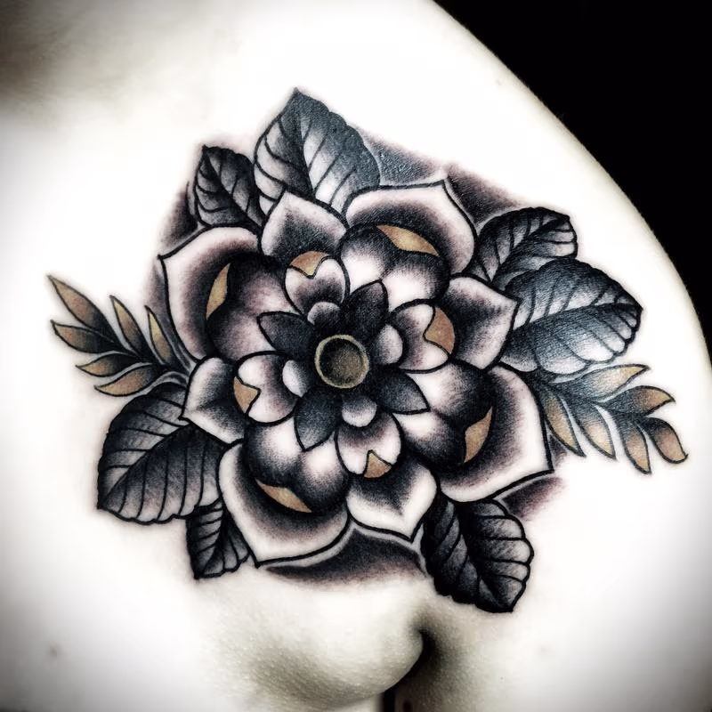 Traditional color flower tattoo. Frichard Adams Art Junkies Tattoo