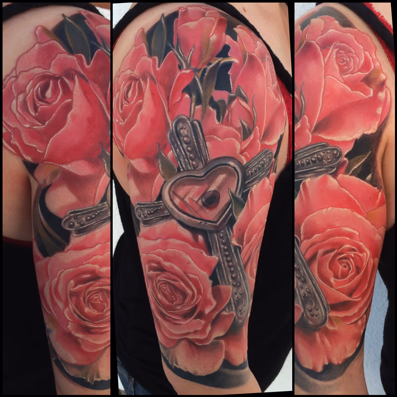 Realistic color roses with cross tattoo, Brent Olson Art Junkies Tattoo