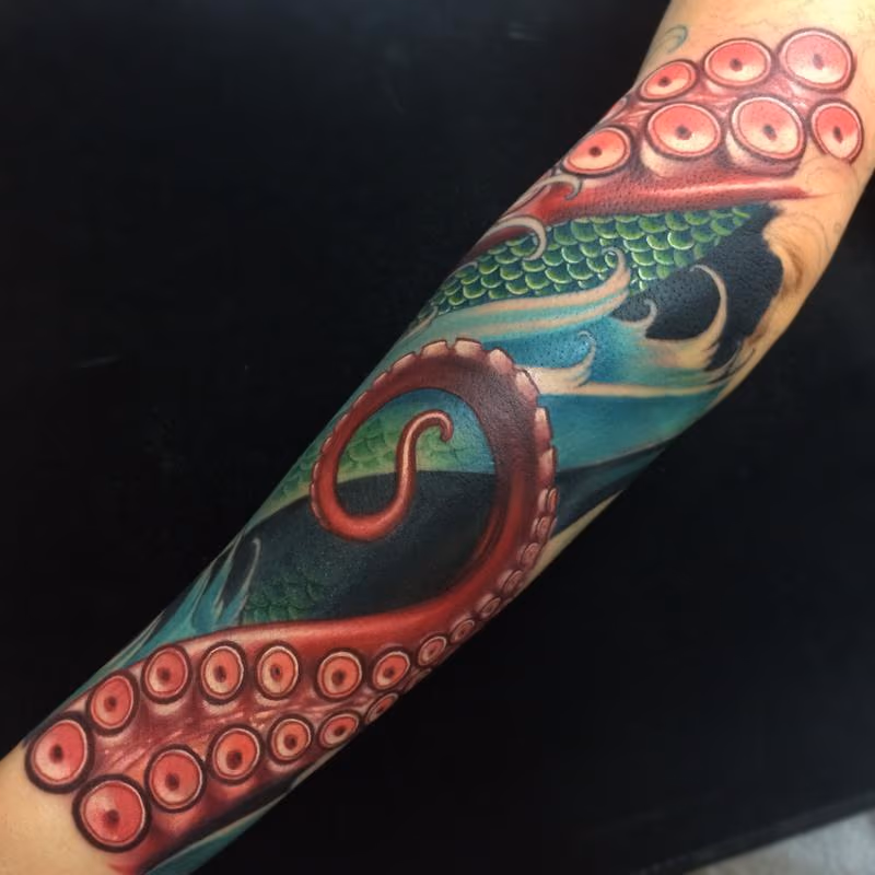 realistic tattoo color tentacles octopus mermaid sleeve water portrait, Brent Olson Art Junkies Tattoo