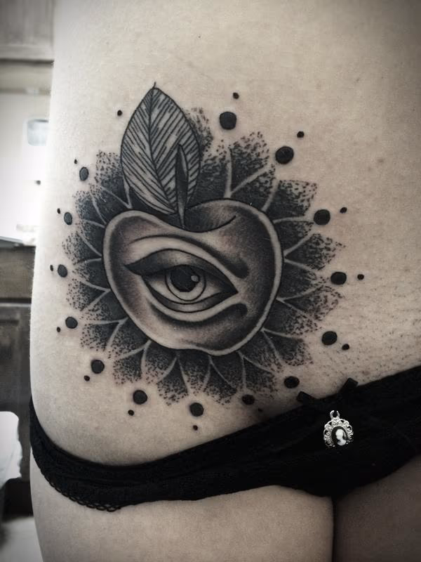 Traditional black and gray apple with eye and sacred geometry tattoo. Mike Riedl
