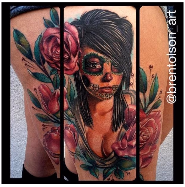 color realistic day of the dead tattoo, Brent Olson Art Junkies Tattoo