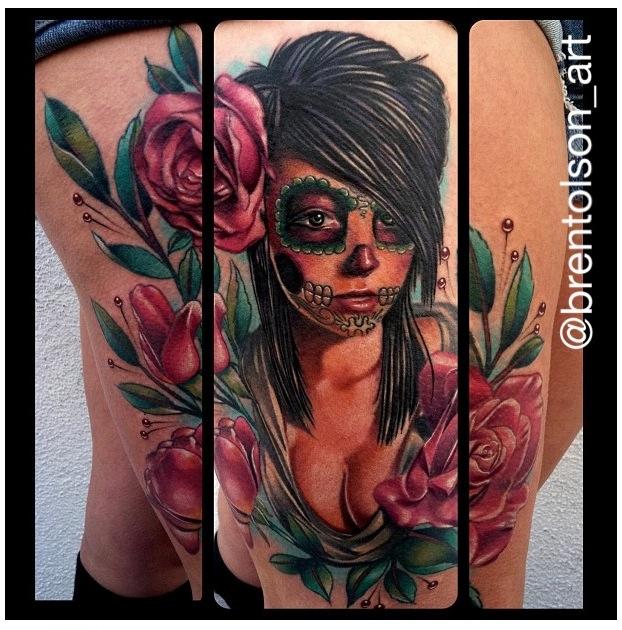 color realistic day of the dead tattoo, Brent Olson Art Junkies Tattoo