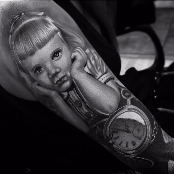 Realistic color portrait of little girl and pocket watch tattoo, Brent Olson Art Junkies Tattoo