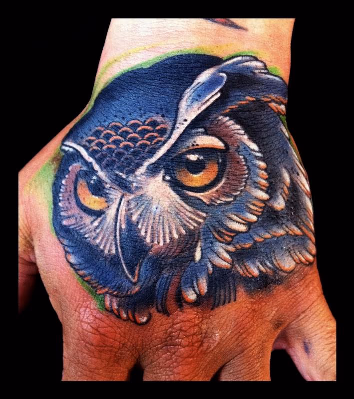 Owl traditional color hand tattoo Brent Olson Art Junkies Tattoo