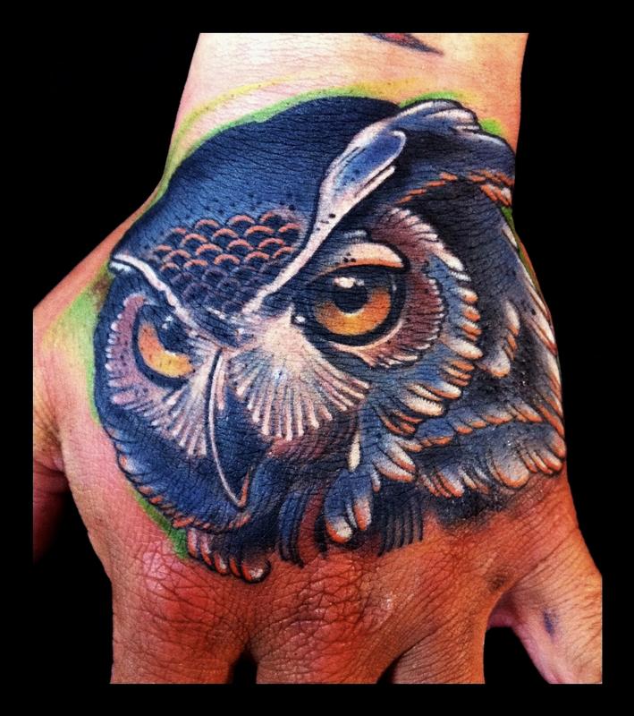 Owl traditional color hand tattoo Brent Olson Art Junkies Tattoo