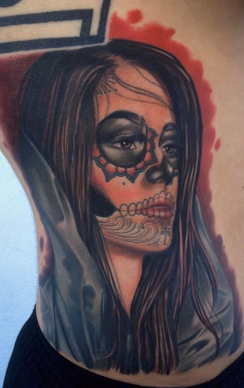 realistic color day of the dead girl tattoo. Brent Olson Art Junkies Tattoo