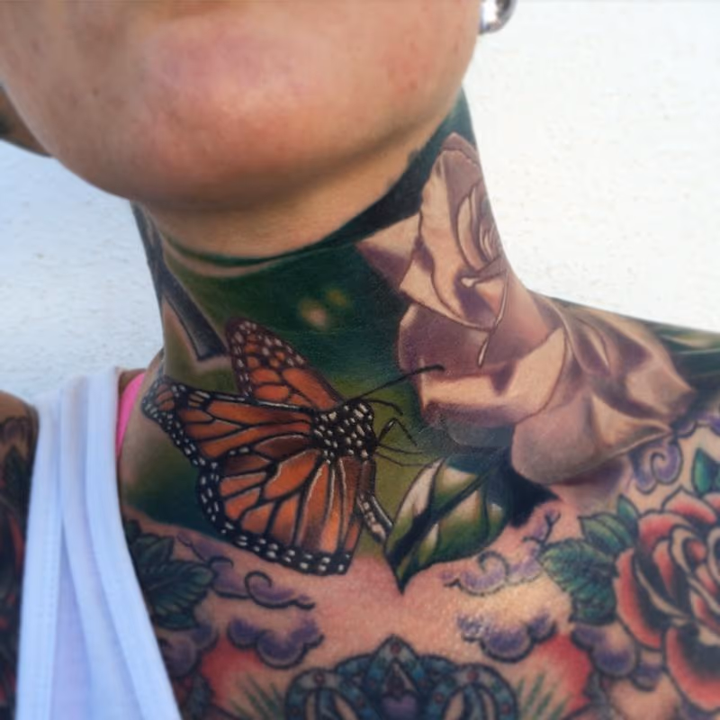 Realistic color Monarch butterfly tattoo, Brent Olson Art Junkeis Tattoo